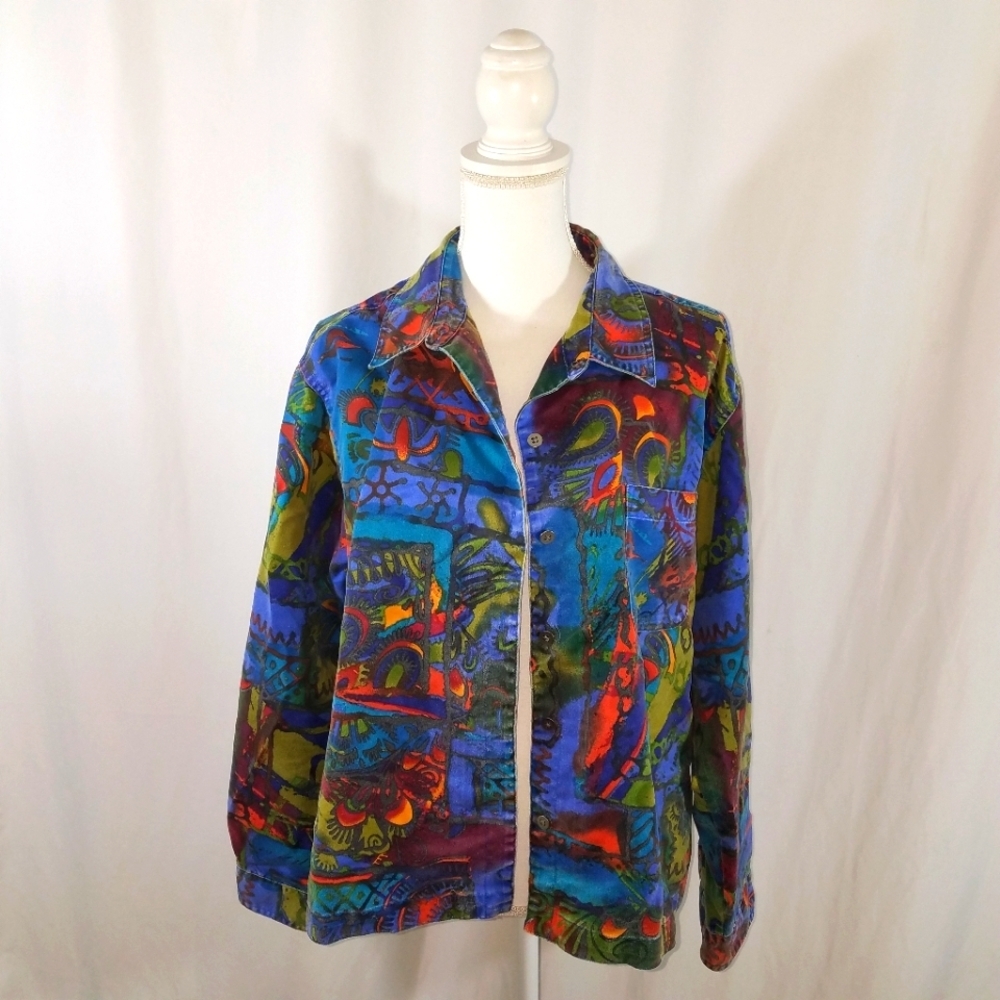 Chico's Abstract Faux Suede Button Down See Measurements (L?) - Picture 2 of 10